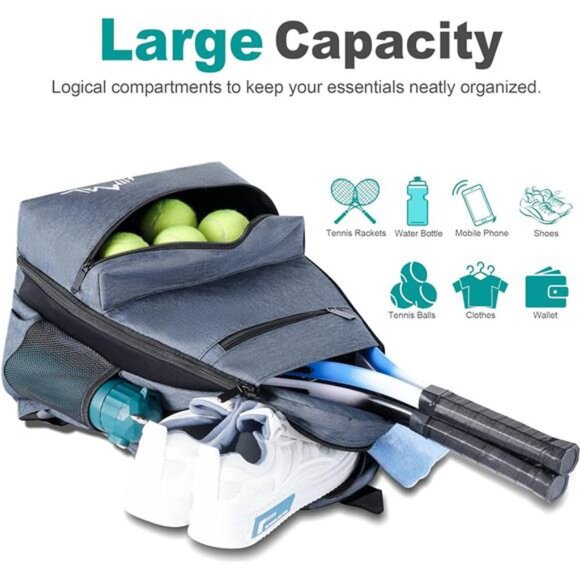 Outdoors Tennis Backpack Tennis Bag -Large Storage Holds 2 Rackets & Necessities - Picture 5 of 7